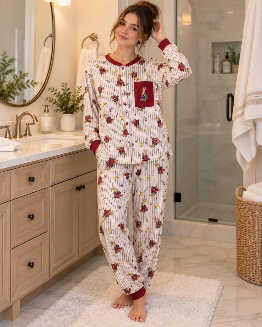 Vintage Night Gear Sleepwear Women's Pajama Set red Stripe Bunny 1990s size XL